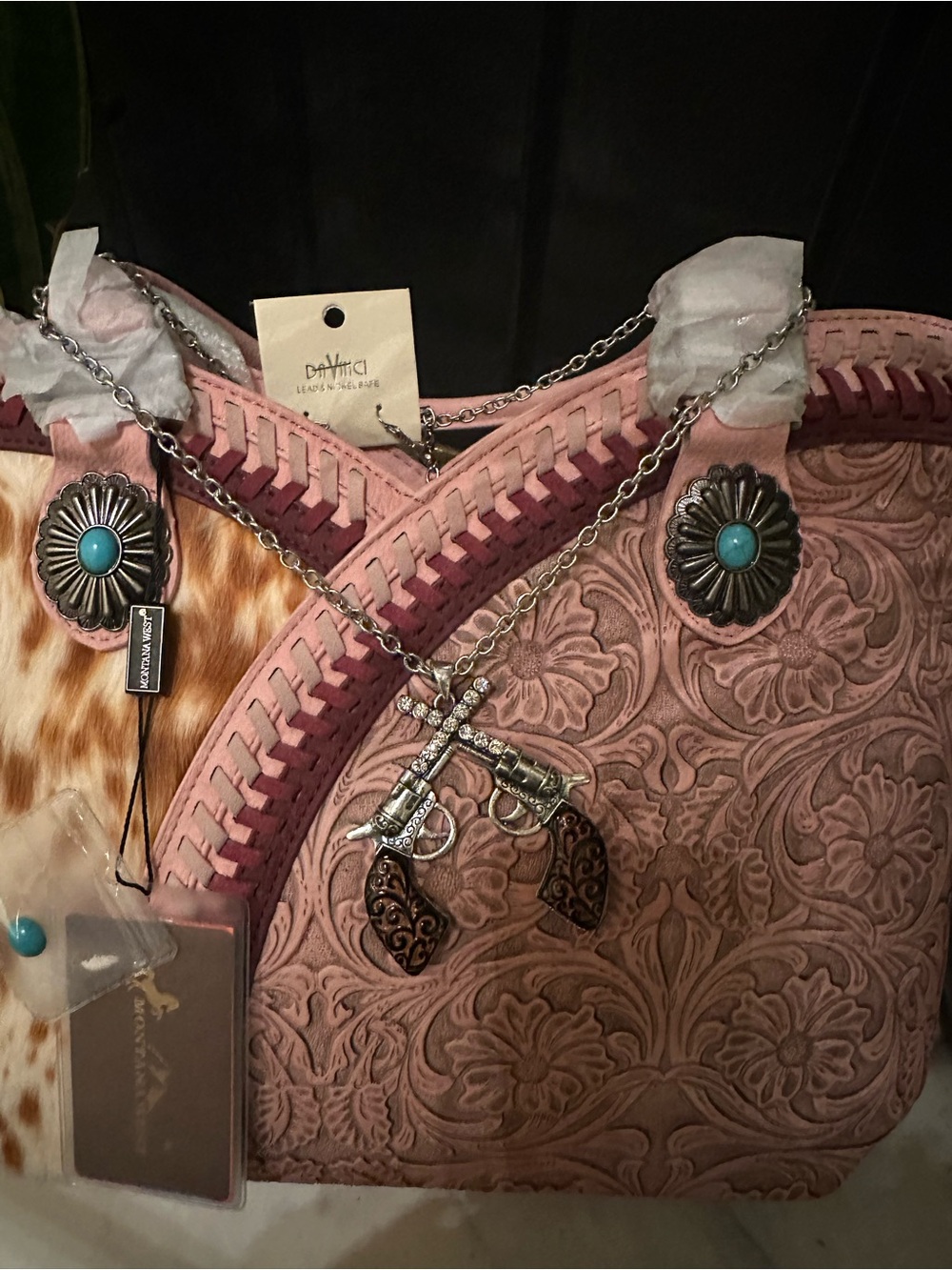 Montana West Pink Floral Tooled Shoulder Bag with Turquoise Accents